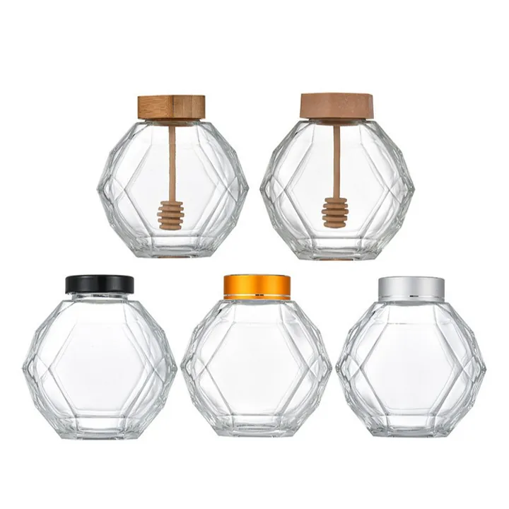 Five hexagon glass jars with wooden and metal lids