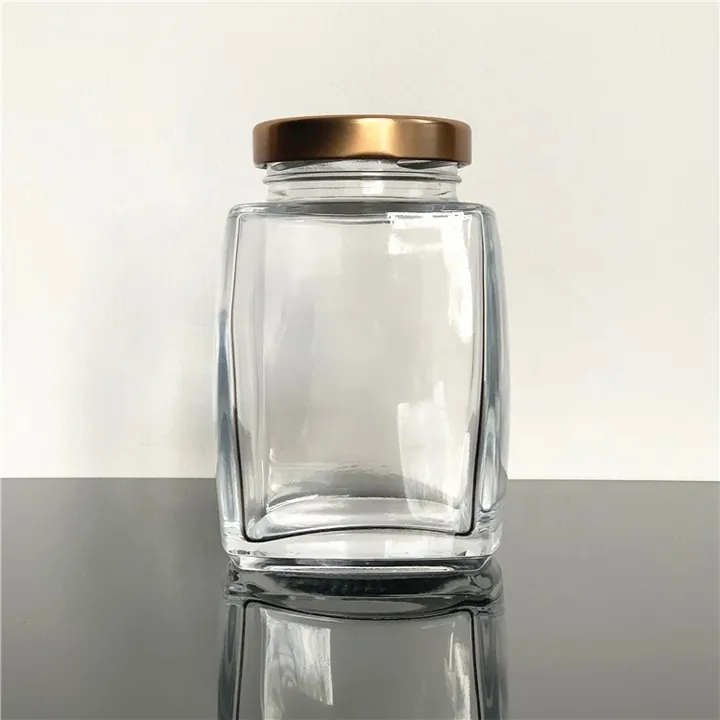 Tall square glass jar with gold metal lid