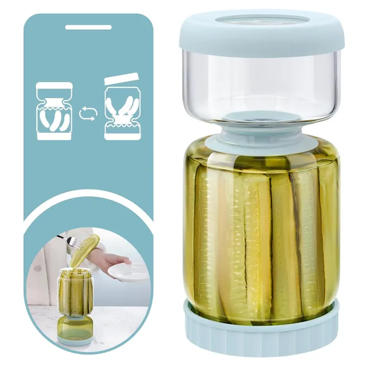 Cylindrical pickle glass jar with blue rotating strainer lid