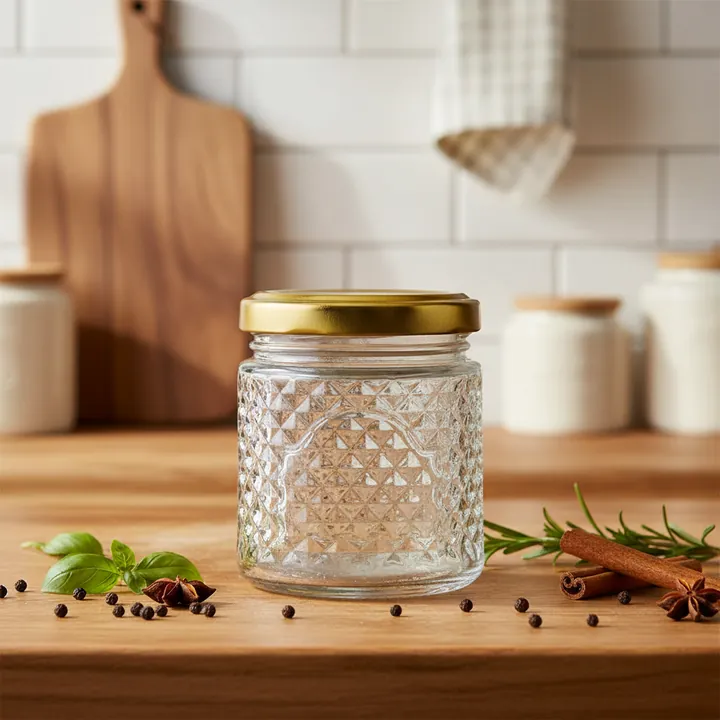 Textured glass jar with gold lid in a kitchen setting