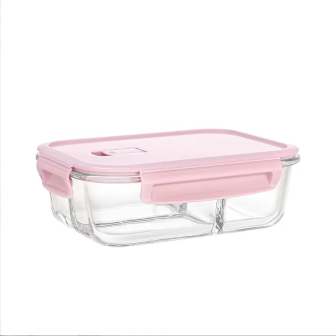 Pink lid rectangular divided glass lunch box