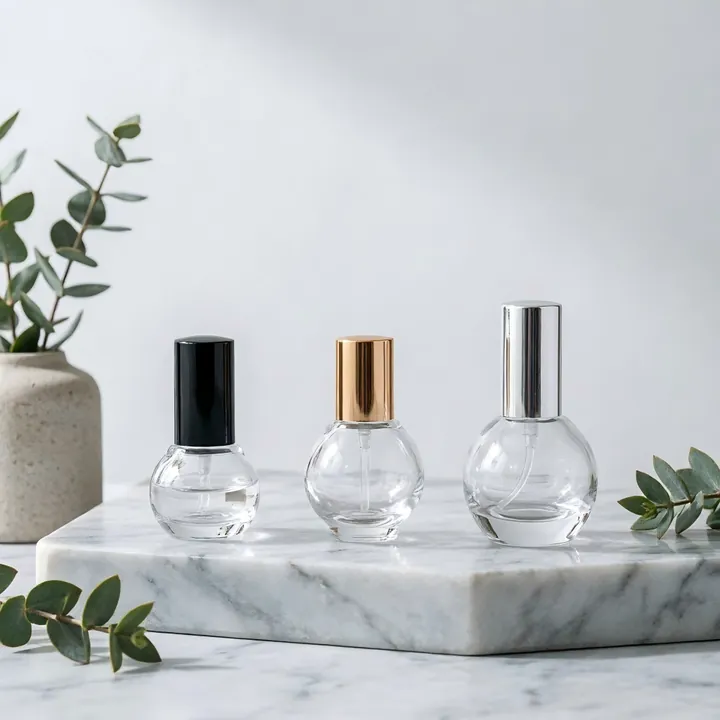 Round portable perfume bottles with silver gold and black caps
