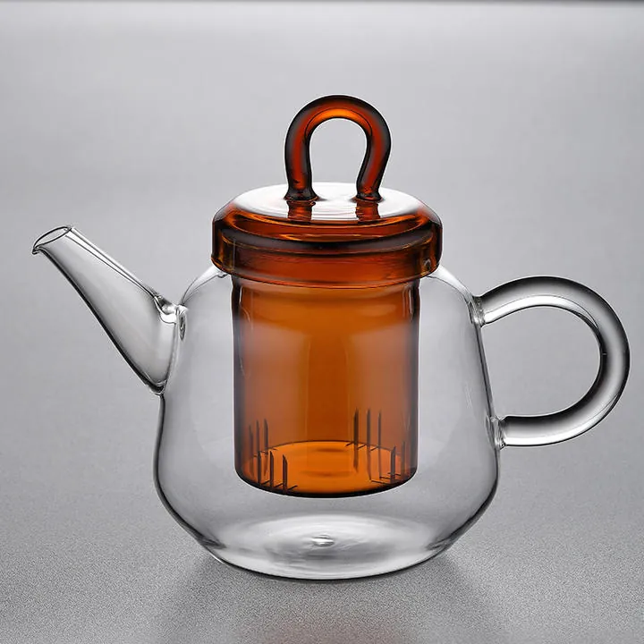 Théière en verre transparent avec infuseur et couvercle ambrés