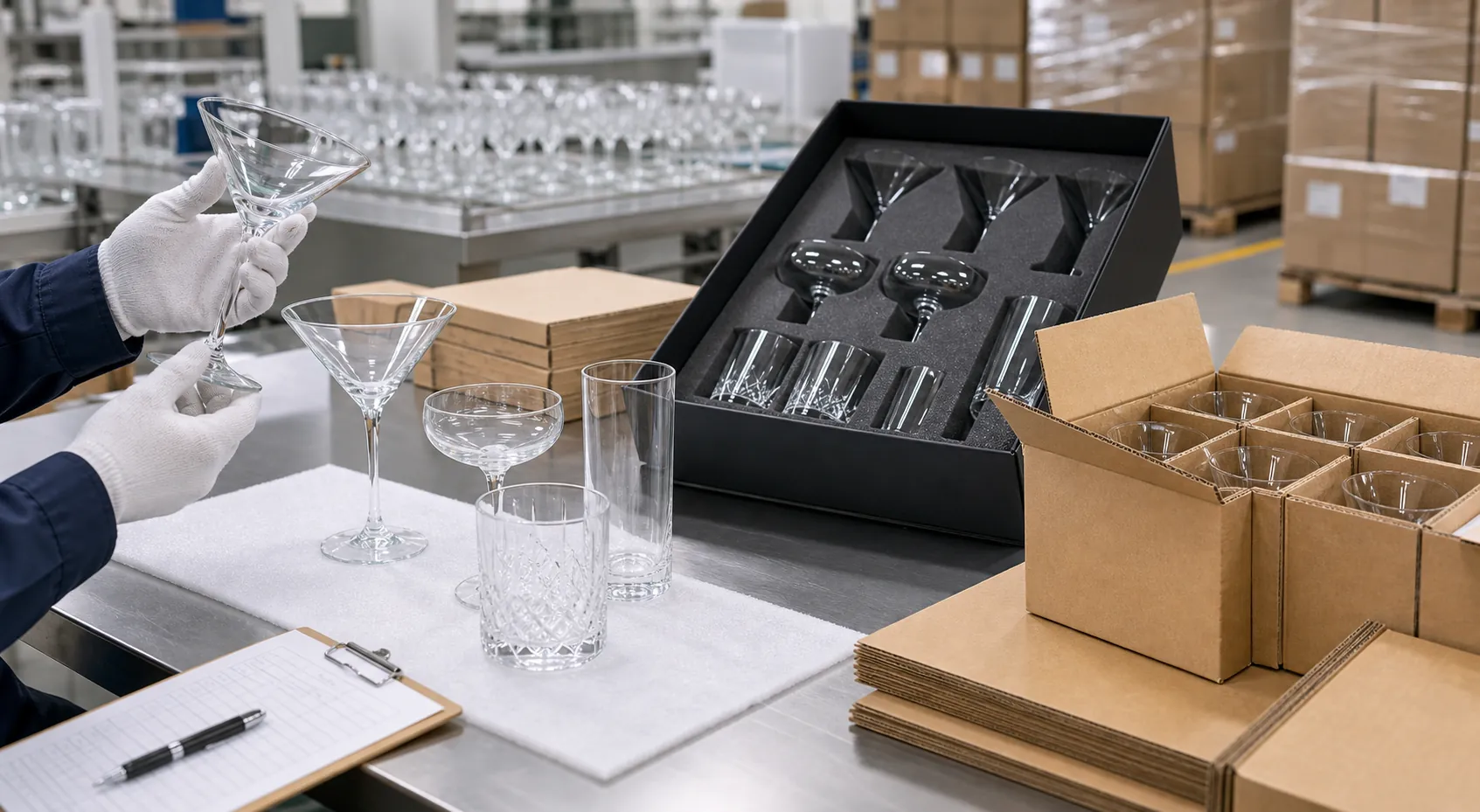 Cocktail glass quality inspection and export packaging