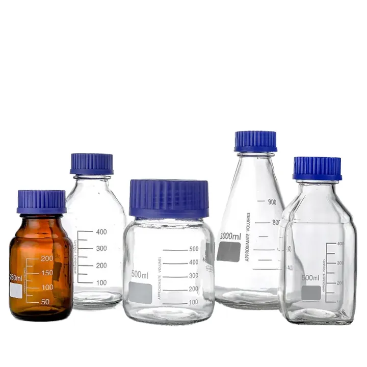 Clear and amber reagent bottles with blue caps