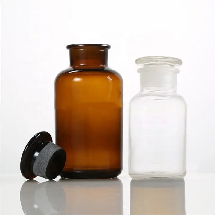 Amber and clear reagent bottles with glass stoppers