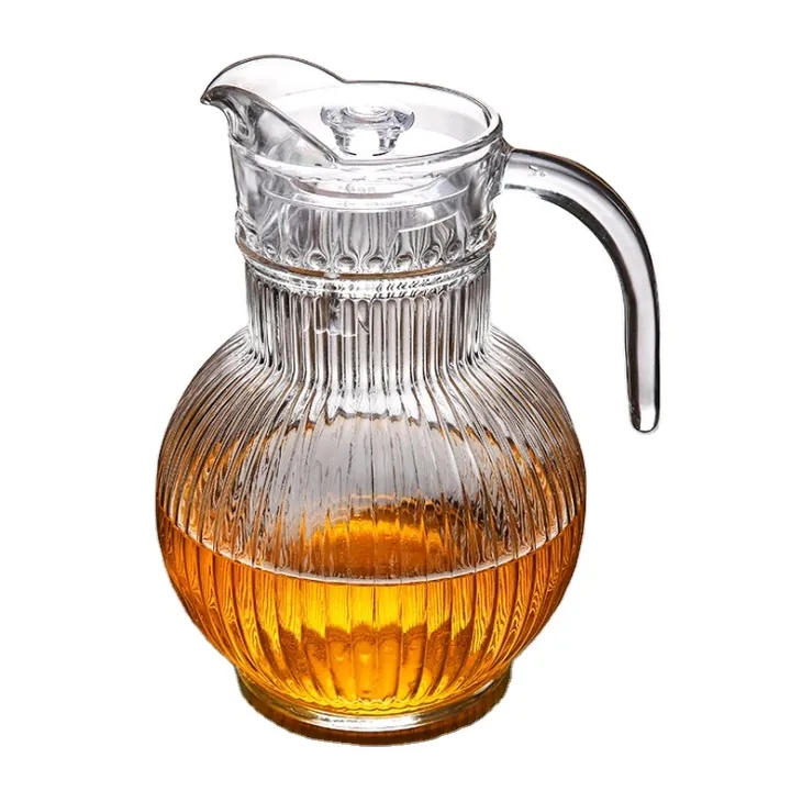Runder, gerippter Wasserkaraffe aus Glas mit transparentem Deckel