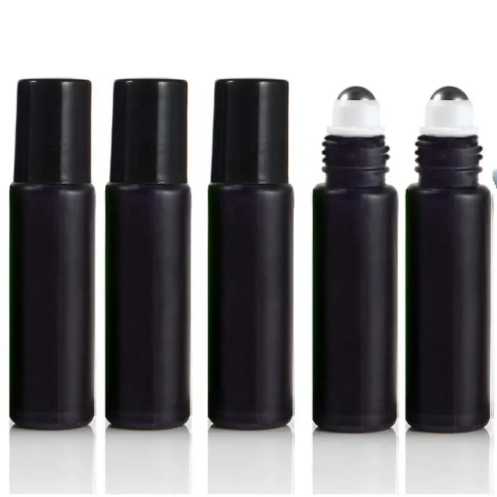Black frosted glass roll on bottles with roller heads