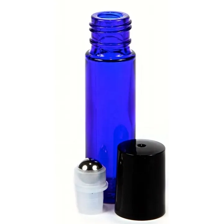 Blue glass roll on bottle with roller ball and black cap