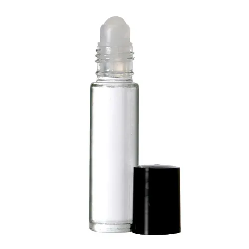 Clear glass roll on bottle with black cylindrical cap
