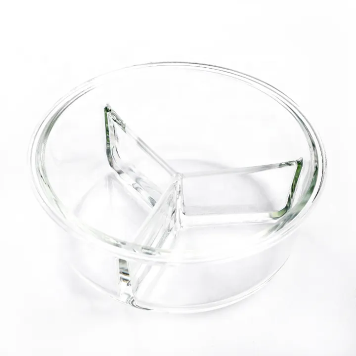 Round clear glass divided bowl with three compartments
