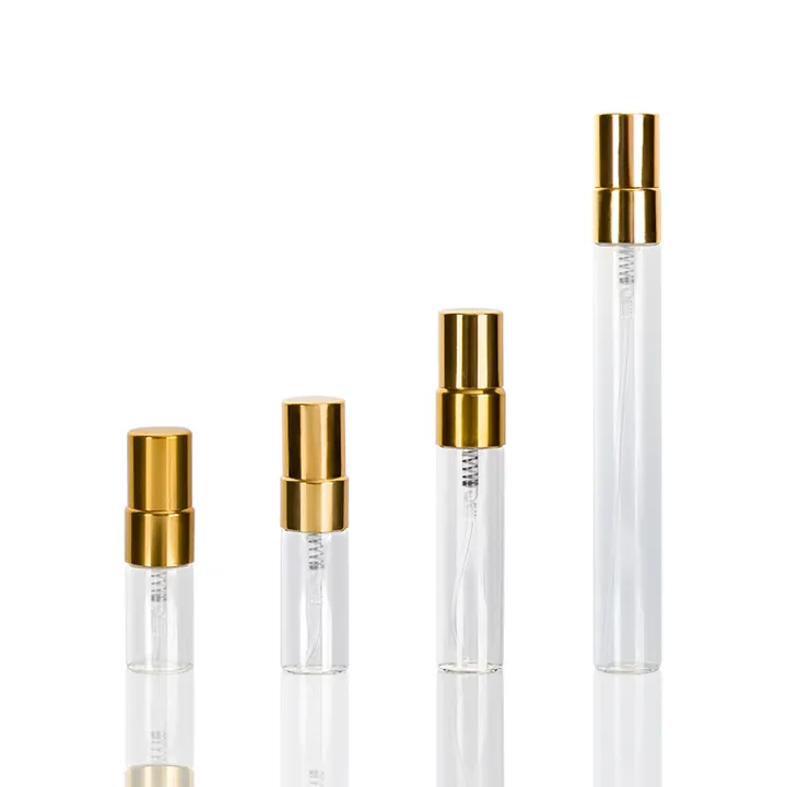 Perfume sample spray vials in different heights with gold pumps