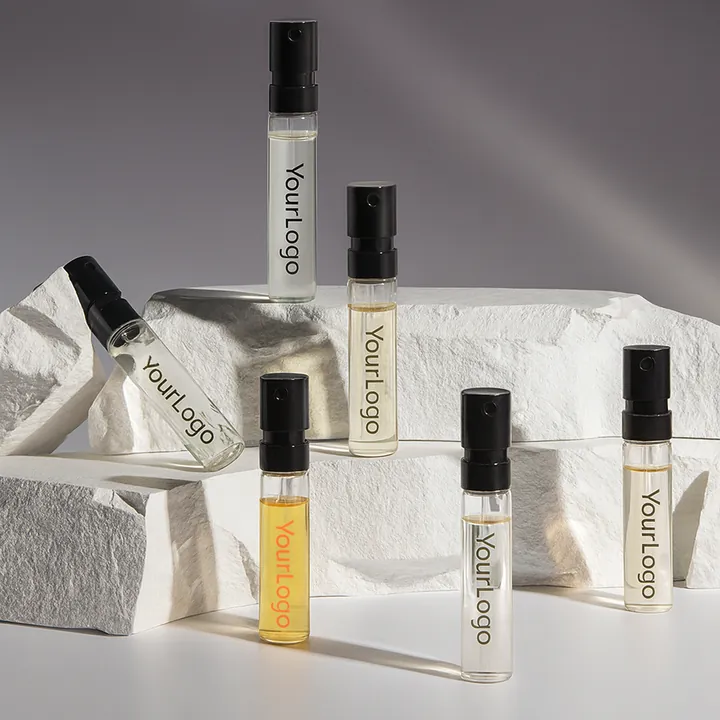 Perfume sample spray vials with printed logos
