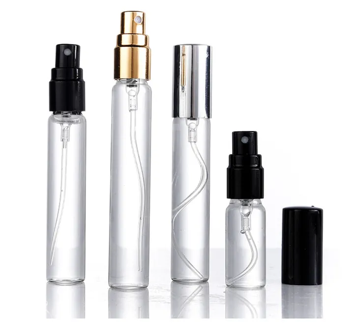 Clear perfume sample vials with black gold and silver sprayers