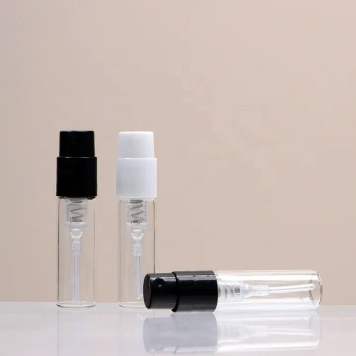 Clear perfume sample vials with black and white spray pumps