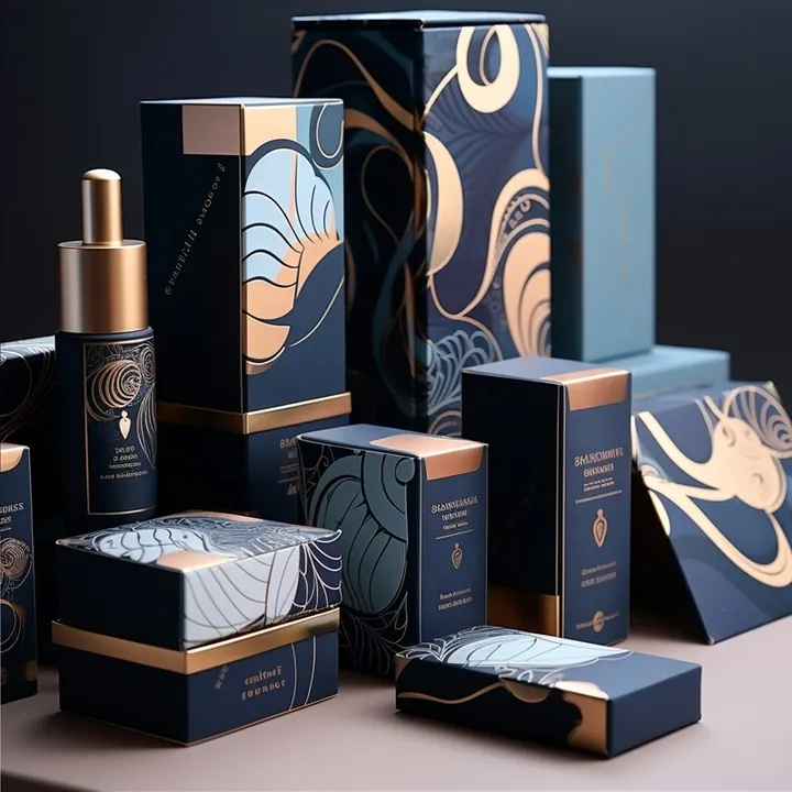 Skincare bottles paired with branded packaging boxes