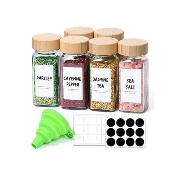 Tarros de cristal para especias con tapa cuadrada de bambú, con etiquetas adhesivas y un embudo verde