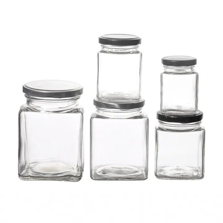 Clear square glass jars in different sizes with silver metal lids
