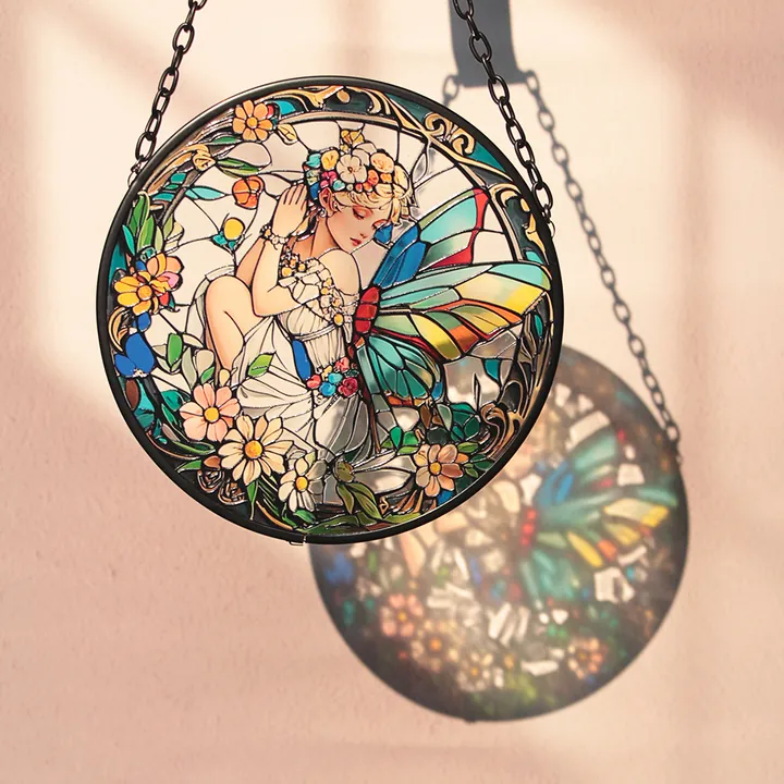 Runde Glasmalerei-Anhänger mit Blumenmotiv