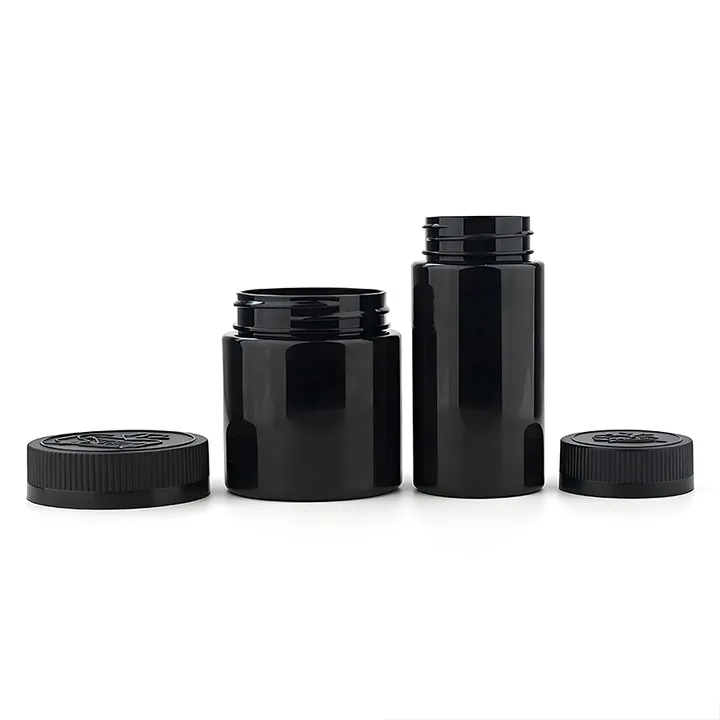 Black supplement bottle with child resistant cap