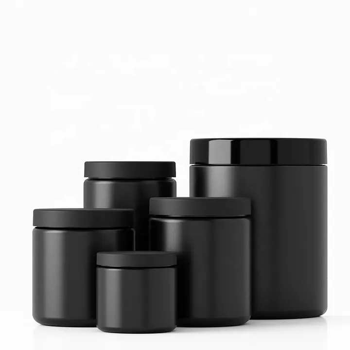 Black supplement jars in assorted sizes