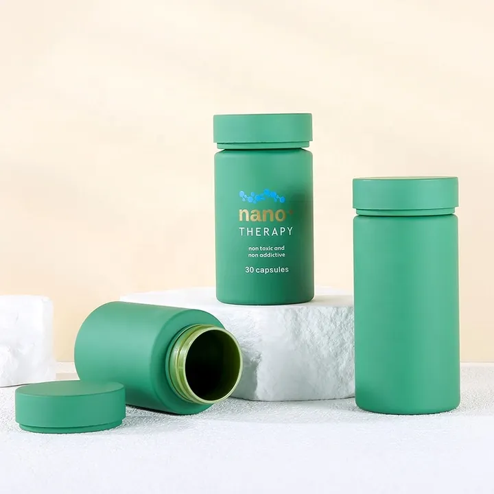 Green supplement bottle with customized branding label