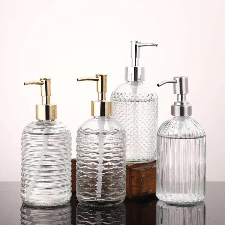 Clear textured glass dispenser bottles with pump tops