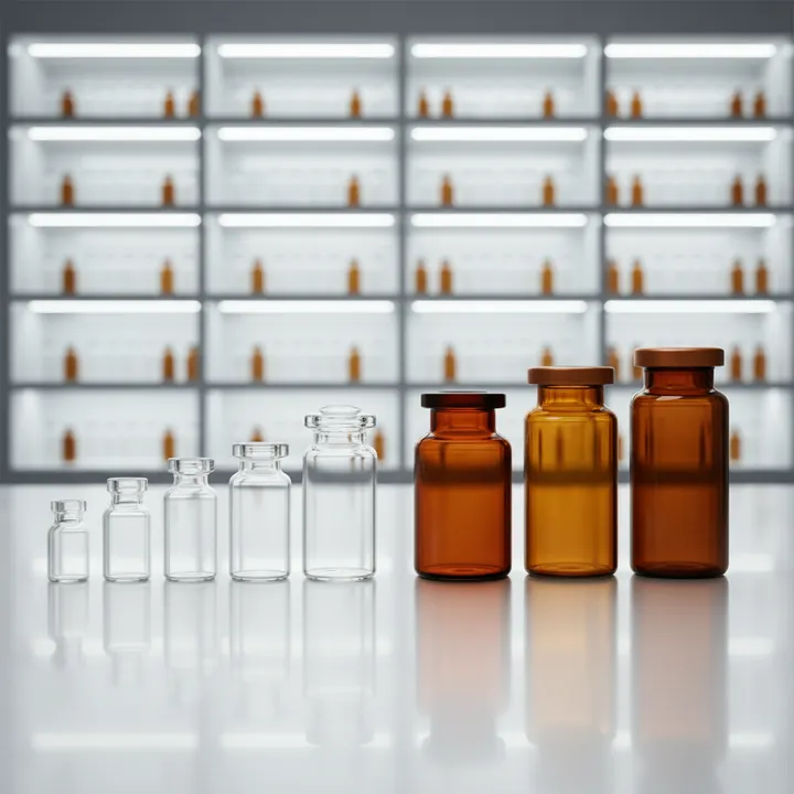 Clear and amber glass vials displayed in a laboratory setting