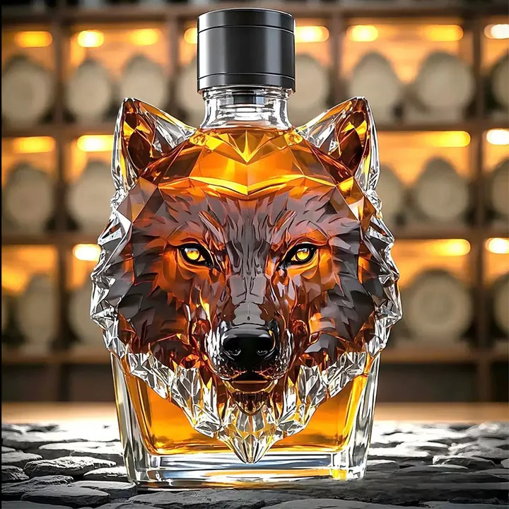 Botella de whisky de cristal con forma de cabeza de lobo en un ambiente de bar
