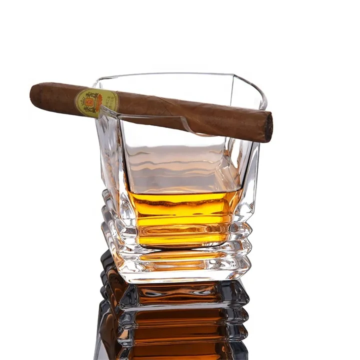 Square whiskey glass with built in cigar holder groove