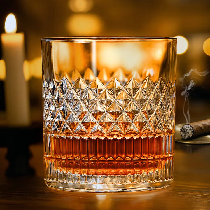 Cut pattern whiskey glass with cigar and candle setting