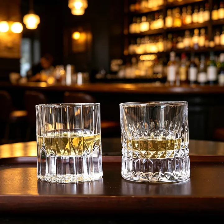 Two cut pattern whiskey glasses in a bar scene