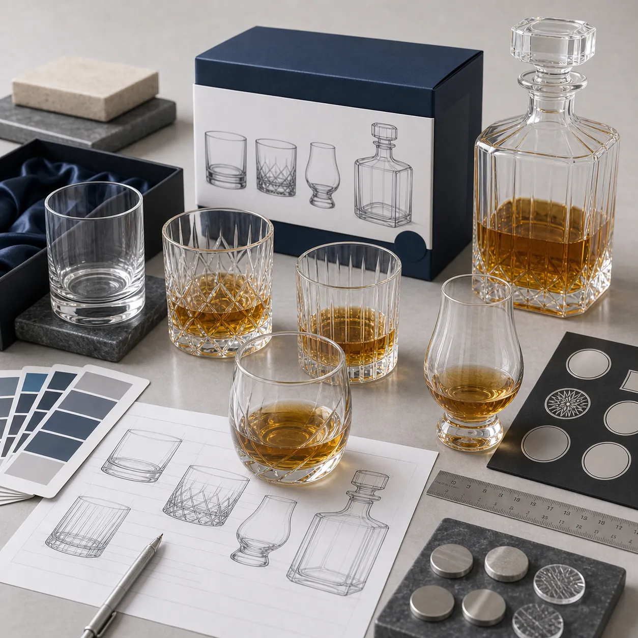 Custom Whisky Glasses OEM ODM service with packaging and design samples