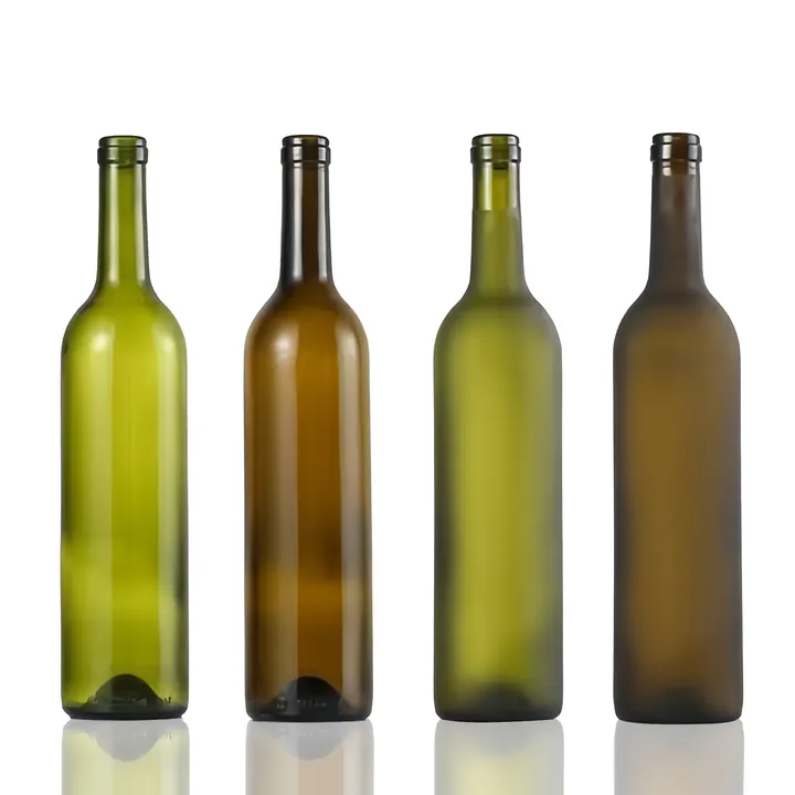 Green amber and frosted Bordeaux wine bottles