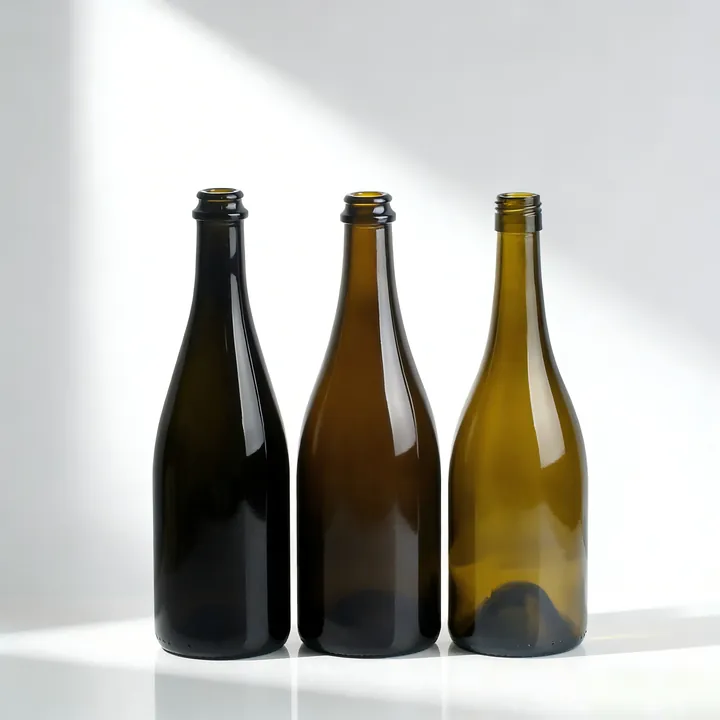 Trois bouteilles de vin foncées exposées à la lumière naturelle du soleil