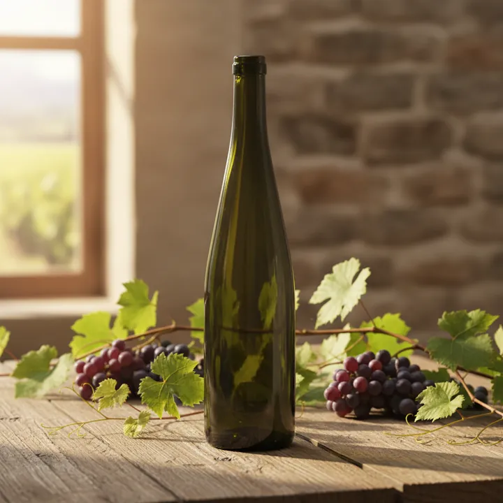 Dark green wine bottle on a vineyard style wooden table