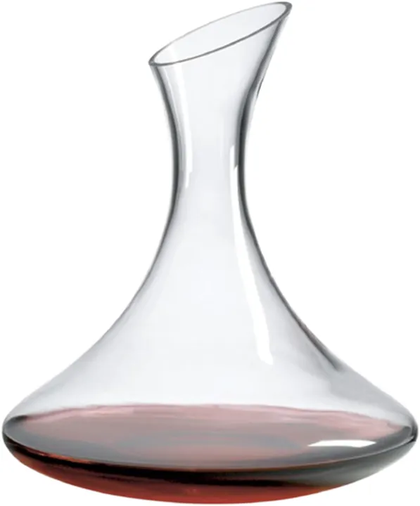 Decantador de vino transparente de base ancha, con cuello largo y boca inclinada