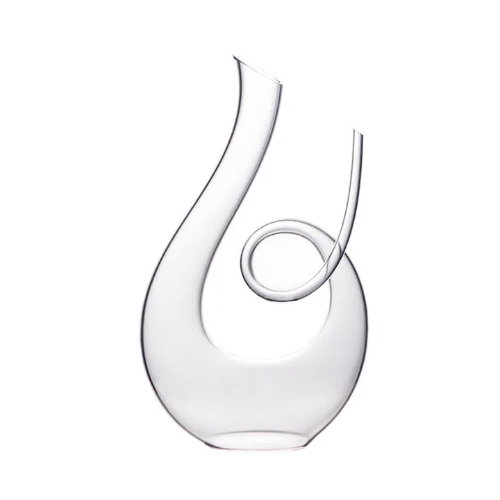 Decantador de vino transparente con cuerpo redondeado y cuello en espiral