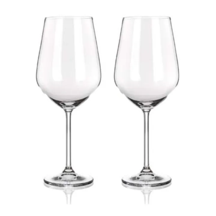 Two clear long stem red wine glasses