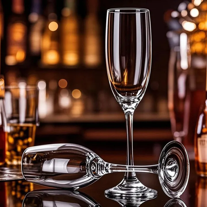 Des verres à champagne transparents exposés dans un décor de bar