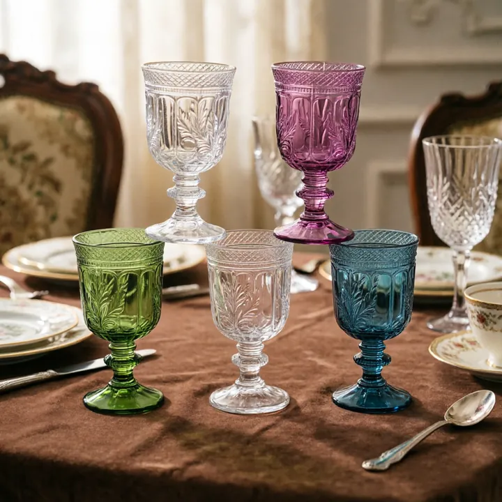 Des verres à pied transparents, violets, verts et bleus, à motifs en relief, disposés sur une table à manger