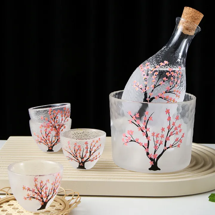 Hand painted cherry blossom glass wine jug set