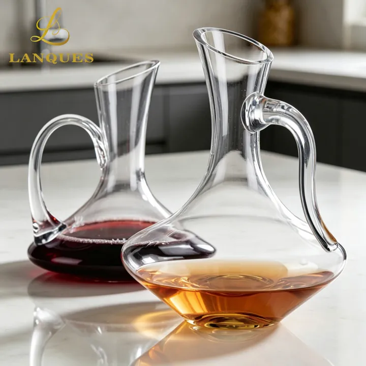 Two handled glass wine jugs in a kitchen scene