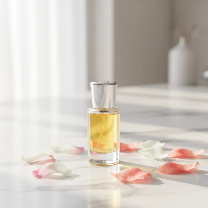 Clear perfume sample bottle with wooden cap and perfume liquid beside flower petals