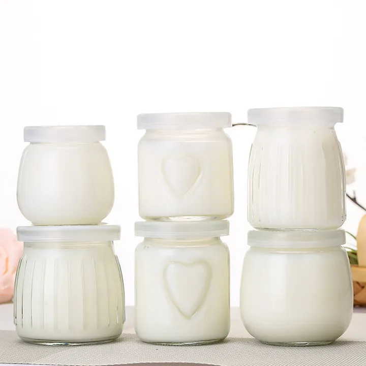Yoghurt glass jars with heart embossing and ribbed designs