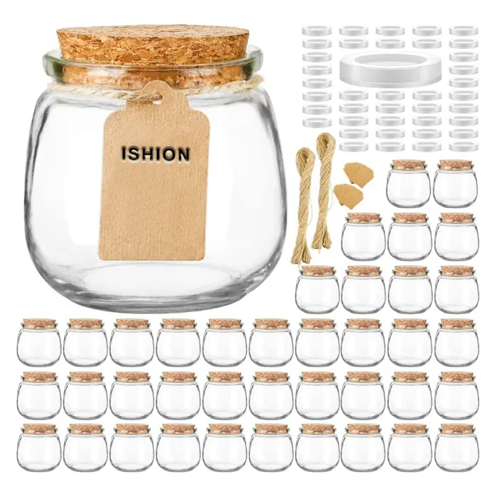 Cork lid glass yogurt jars with labels and accessories